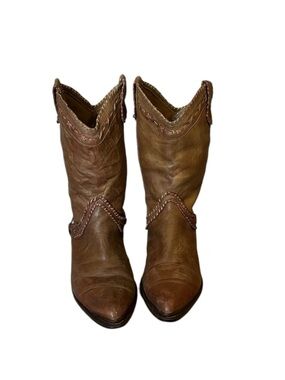 Vintage Genuine leather Moto Harness Point Toe Cowboy Boot in Brown